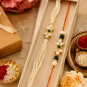 Designer Bhaiya Bhabhi Rakhi Set with Pearl Lumba and Green Stone Rakhi for Raksha Bandhan Celebration