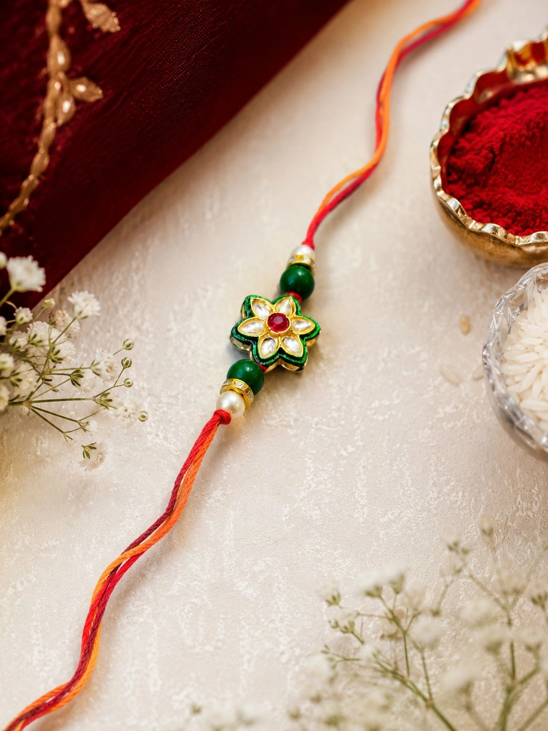 Green Floral Kundan Rakhi for Brother with Traditional Designer Stone Work for Raksha Bandhan Festival