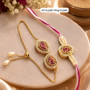 Luxury Kundan Couple Rakhi Set for Bhaiya Bhabhi with Adjustable Bracelet Rakhi for Raksha Bandhan