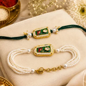 Royal Bhai Bhabhi Rakhi Set with elegant pearl bracelet for Bhabhi and premium designer Rakhi for Bhai for Raksha Bandhan celebration.