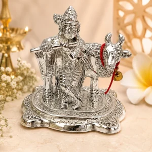 Premium German Silver Krishna Cow Murti for Return Gift, Wedding Gift, Housewarming Gift and Home Temple Decoration