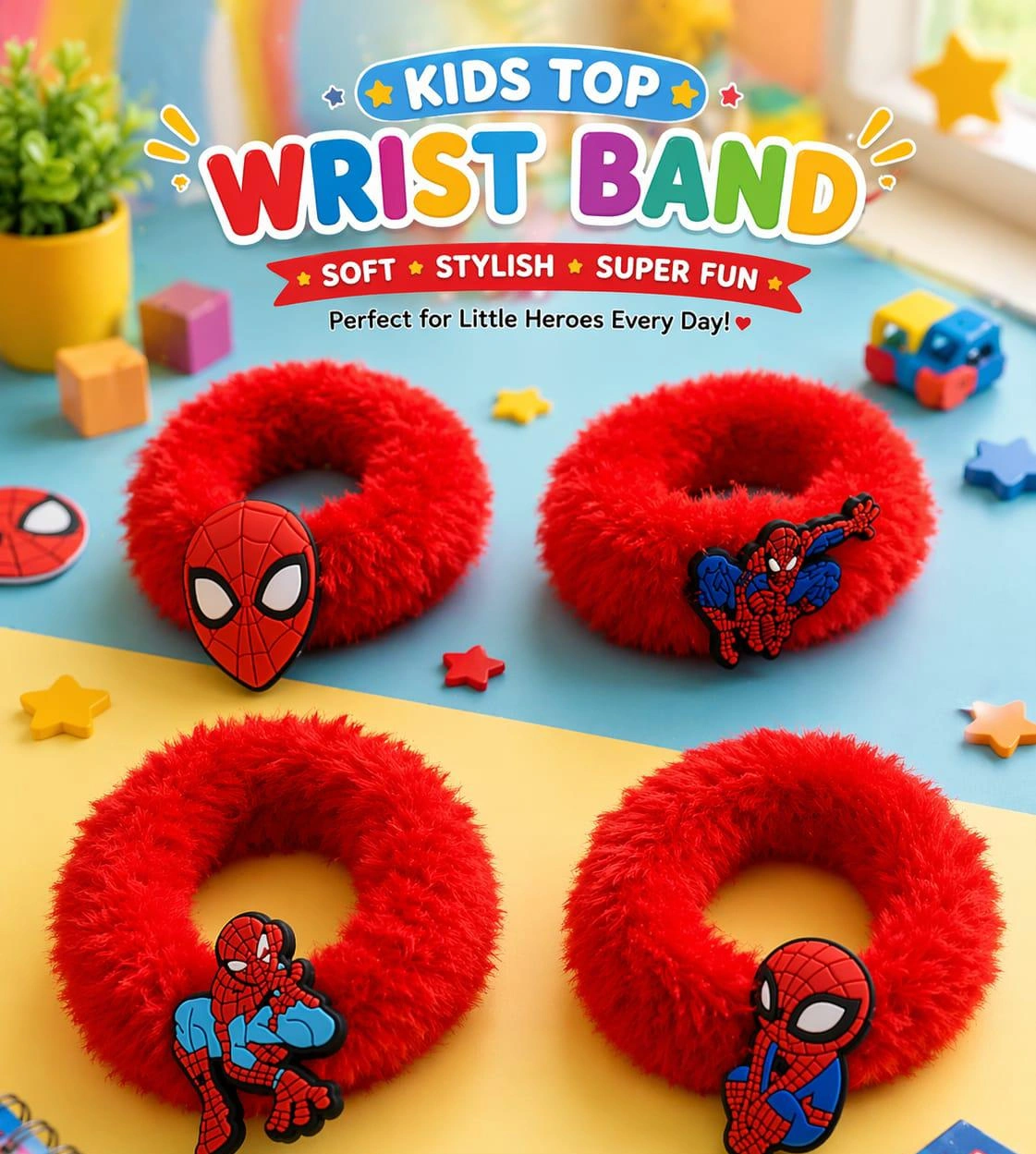 Colorful soft fuzzy wrist band for kids with elastic stretch design and cute cartoon style suitable for boys and girls.