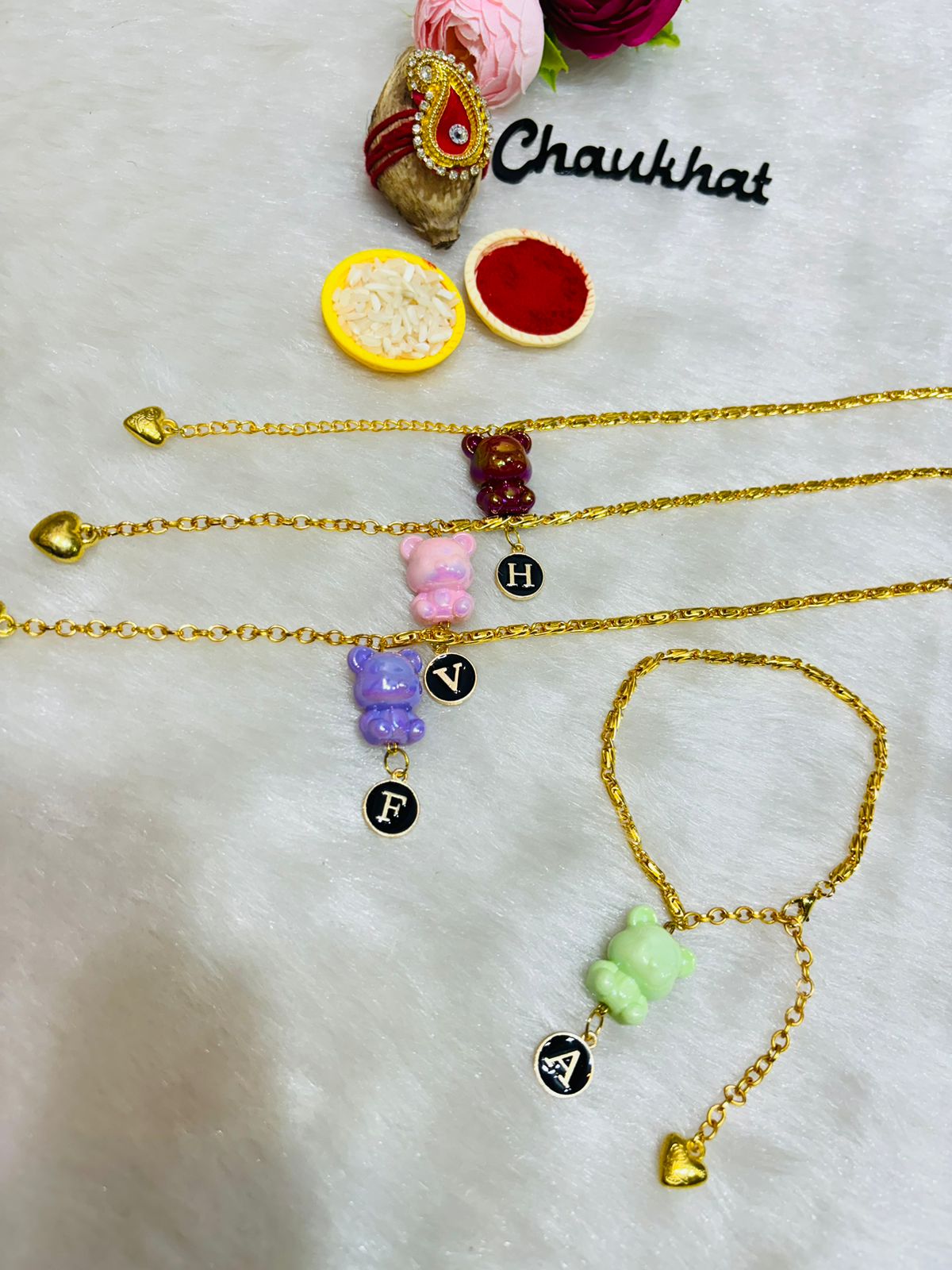 Personalized alphabet teddy bear adjustable bracelet with cute initial charm for girls, women, kids and gifting.