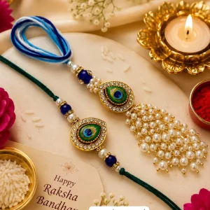 Premium Peacock Feather Bhaiya Bhabhi Rakhi Set with Pearl Lumba Designer Evil Eye Rakhi Combo for Raksha Bandhan