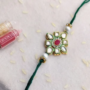 Premium Green Kundan Pearl Designer Rakhi with Roli Chawal for Raksha Bandhan Gift for Brother