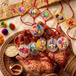 Kids Cartoon Character Rakhi Set featuring Shinchan, Doraemon and Chhota Bheem designer rakhi collection for brother for Raksha Bandhan.