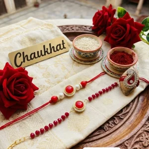 Premium Red Stone Bhai Bhabhi Rakhi Set with Designer Pearl Bracelet for Raksha Bandhan Festival Gift