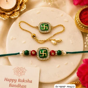 Luxury Green Meenakari Swastik Rakhi Pair with Crystal Stone Work for Raksha Bandhan