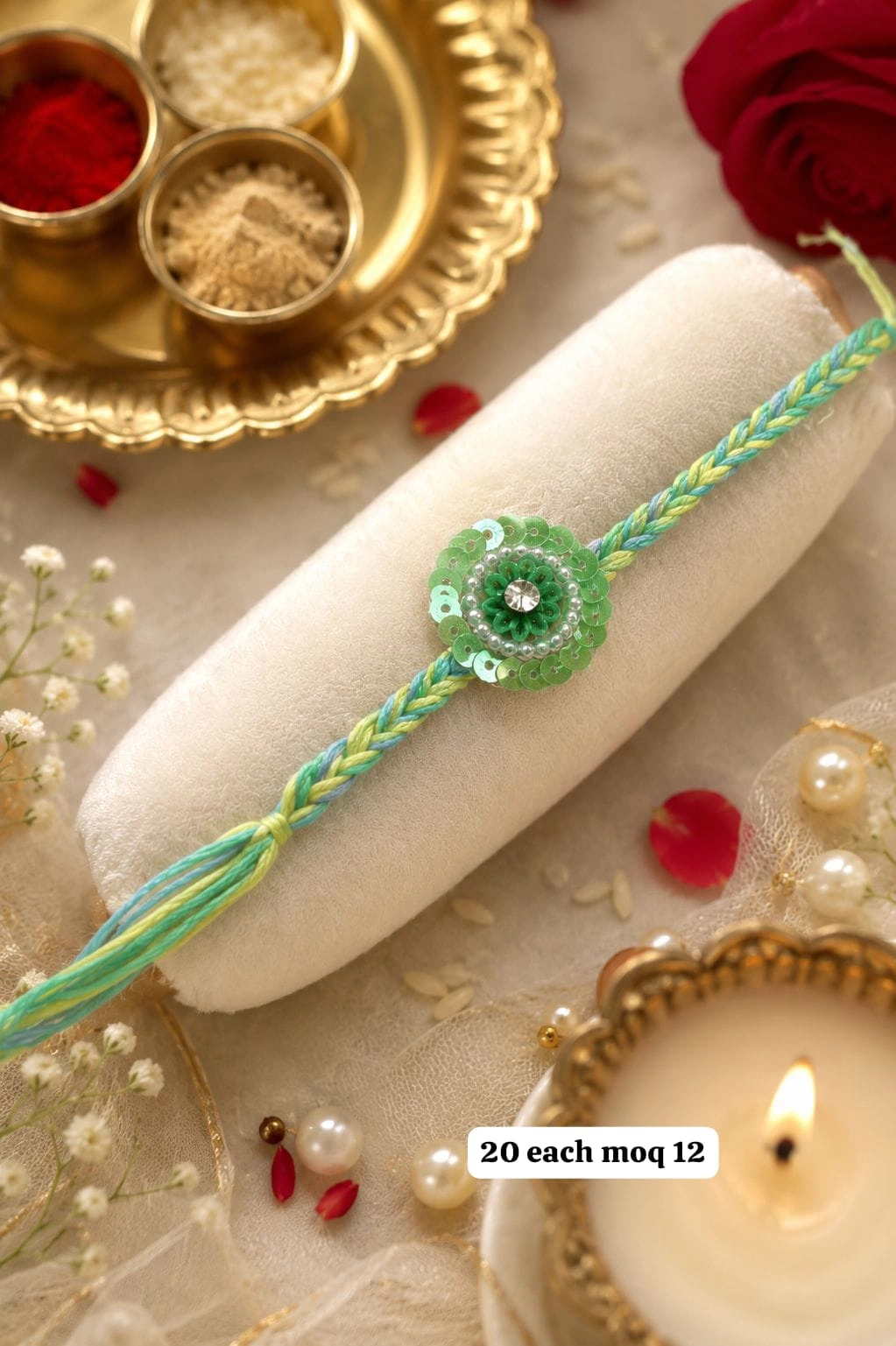 Premium Elegant Floral Rakhi for Brother with Green Sequin Design for Raksha Bandhan Festival