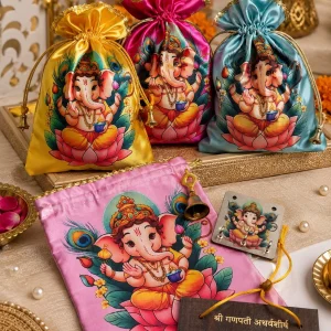 Premium Lord Ganesha Printed Potli Bag with Decorative Bell and Ganpati Atharvashirsha Wall Key Holder Return Gift Set for Ganesh Chaturthi Festival