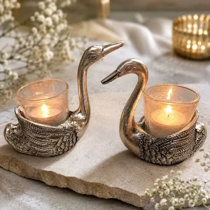 Luxury Swan Tea Light Holder Pair with Premium German Silver Finish Decorative Candle Stand for Home Decor, Diwali Decoration and Wedding Gifts