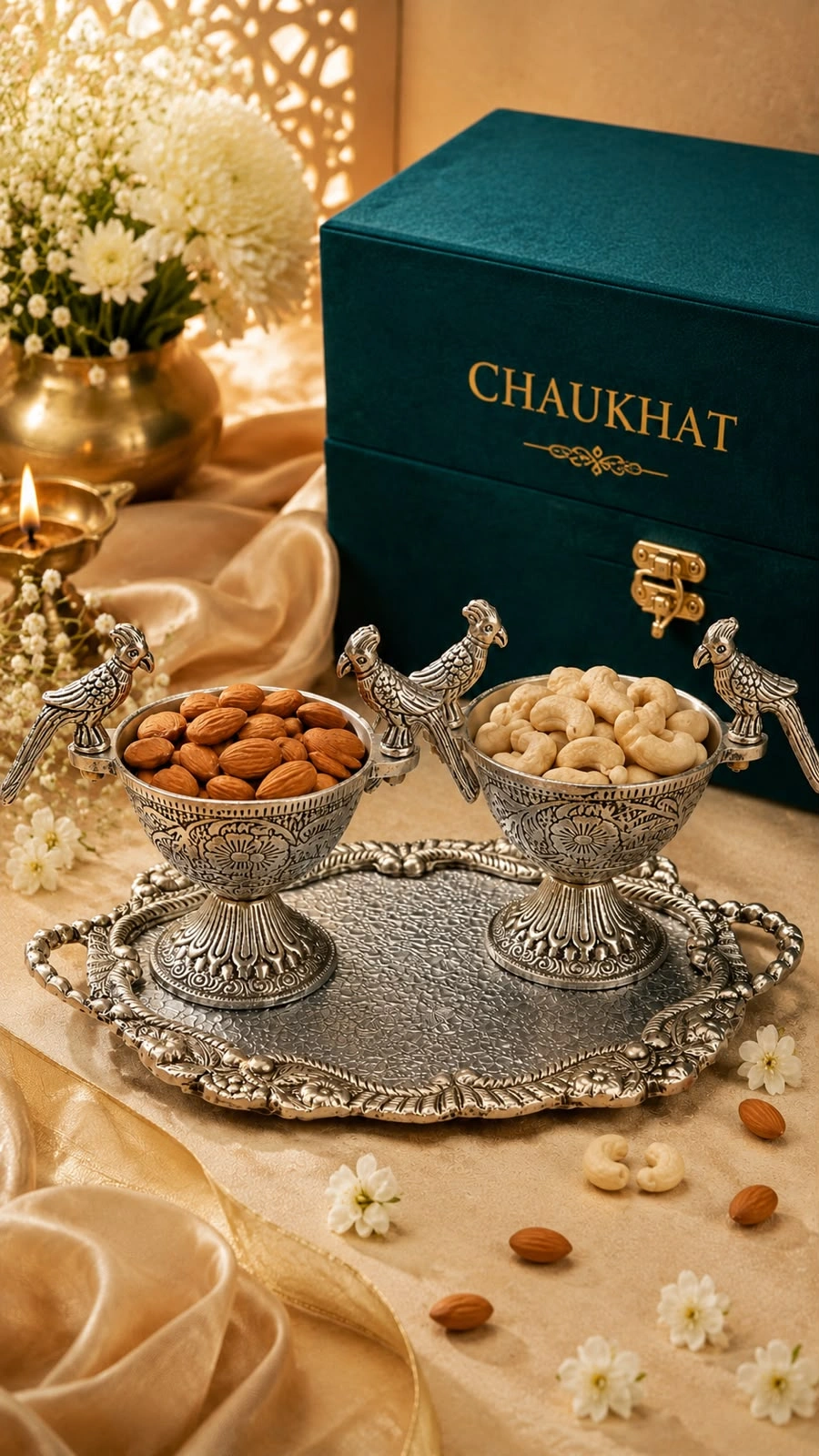 Premium German Silver Dry Fruit Serving Set with Decorative Bowls, Elegant Tray and Velvet Gift Box for Diwali, Wedding, Anniversary and Corporate Gifting