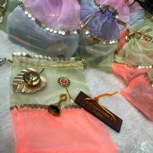 Premium Hanuman Chalisa Gift Hamper with Brass Leaf Diya, Brass Bell, Tilak Stick and Organza Potli for Wedding, Pooja and Festival Return Gift
