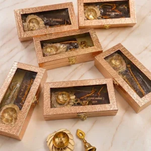 Luxury Brass Leaf Diya with Brass Bell and Hanuman Chalisa Gift Set in Elegant Premium Gift Box for Housewarming, Diwali and Spiritual Gifting