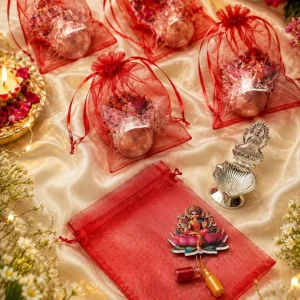 Premium Varalakshmi Puja Gift Set featuring Lakshmi Diya, Haldi Kumkum and decorative Potli for festive gifting, return gifts and Varalakshmi Vratham celebrations.