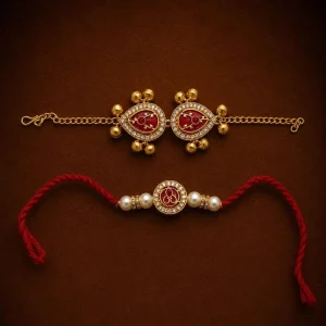 Designer Bhai Bhabhi Rakhi Combo featuring a premium bracelet rakhi for brother and elegant lumba rakhi for bhabhi, handcrafted for Raksha Bandhan celebrations.