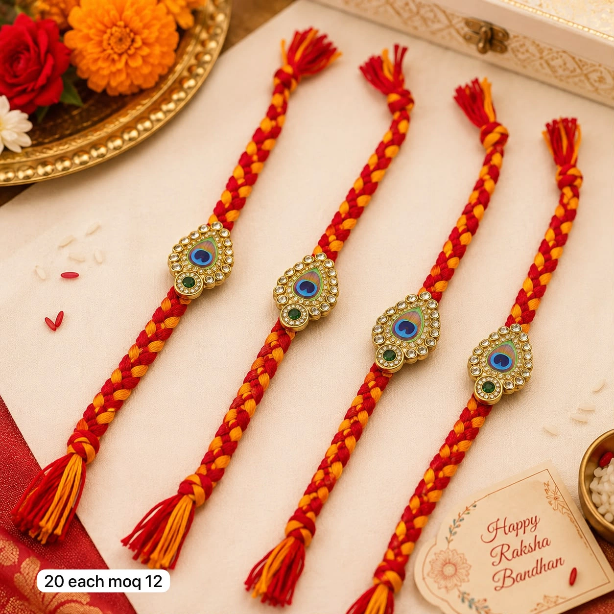 Elegant Peacock Motif Rakhi for Brother with premium decorative centerpiece and traditional festive thread for Raksha Bandhan.