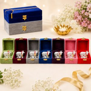 German silver cow murti displayed with velvet gift box