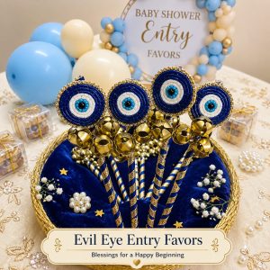 Evil Eye baby shower entry favor stick with golden bells in blue and gold