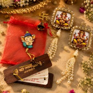 Ganesh Shubh Labh hamper with Ganesh Atharvashirsha bell and potli for Ganesh Chaturthi return gift