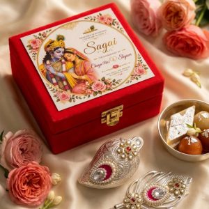 Customized Engagement Gift Box with German Silver Kumkum Box and Tilak Stick for Wedding, Ring Ceremony and Roka Return Gifts