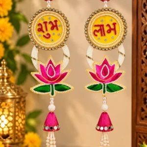 Shubh Labh Lotus Door Hanging Pair with Pearl Work and Pink Tassels for Diwali Decoration