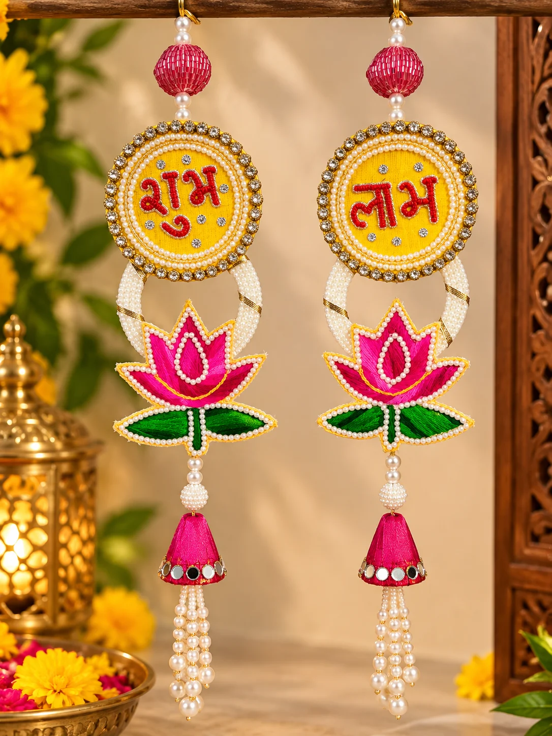 Shubh Labh Lotus Door Hanging Pair with Pearl Work and Pink Tassels for Diwali Decoration