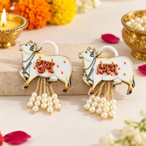 Designer Shubh Labh cow hanging pair with pearl tassels for Diwali and pooja home entrance decoration