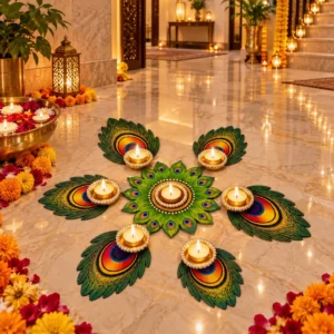 Designer peacock feather tealight holder for Diwali pooja rangoli and home decor