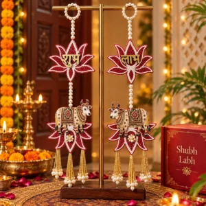 Designer Shubh Labh Cow and Lotus Flower Hanging Pair with Pearl Tassels for Diwali and Pooja Door Decoration