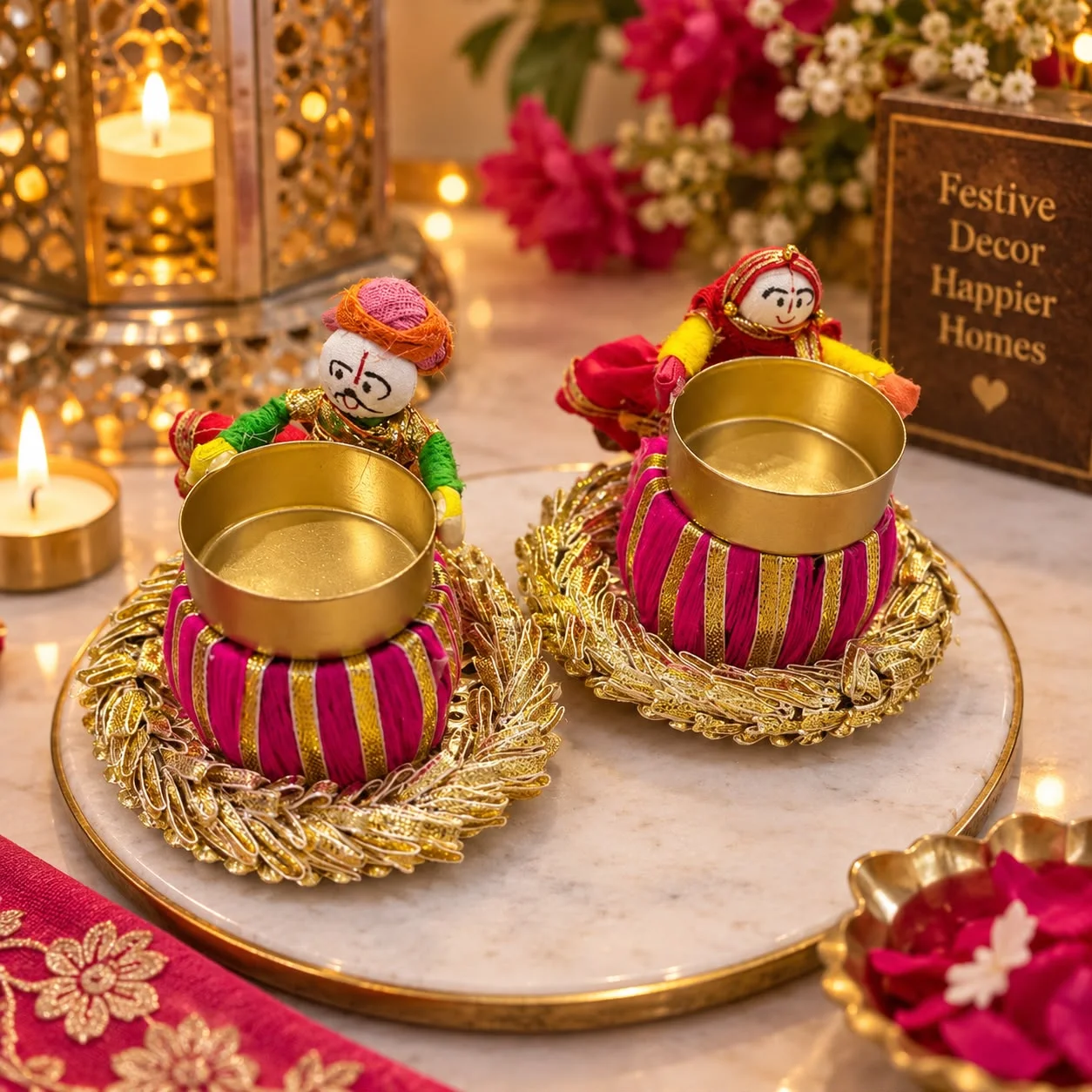 Designer Rajasthani couple tealight holder pair for Diwali, pooja and traditional festive home decor