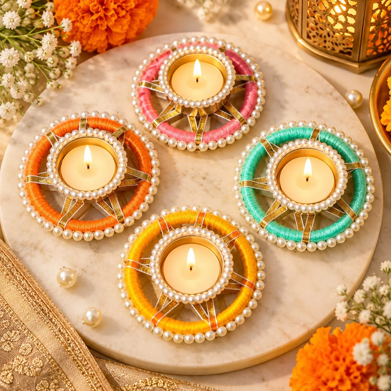 Designer pearl tea light candle holder for Diwali decoration, pooja and table decor