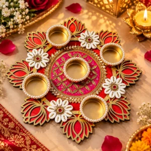 10 inch traditional Diwali rangoli with tealight candle holders for pooja and home decoration
