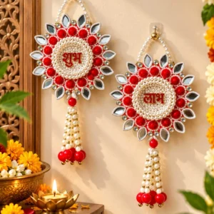 Shubh Labh door hanging pair with red floral design, pearl beads and decorative tassels for Diwali home entrance decoration