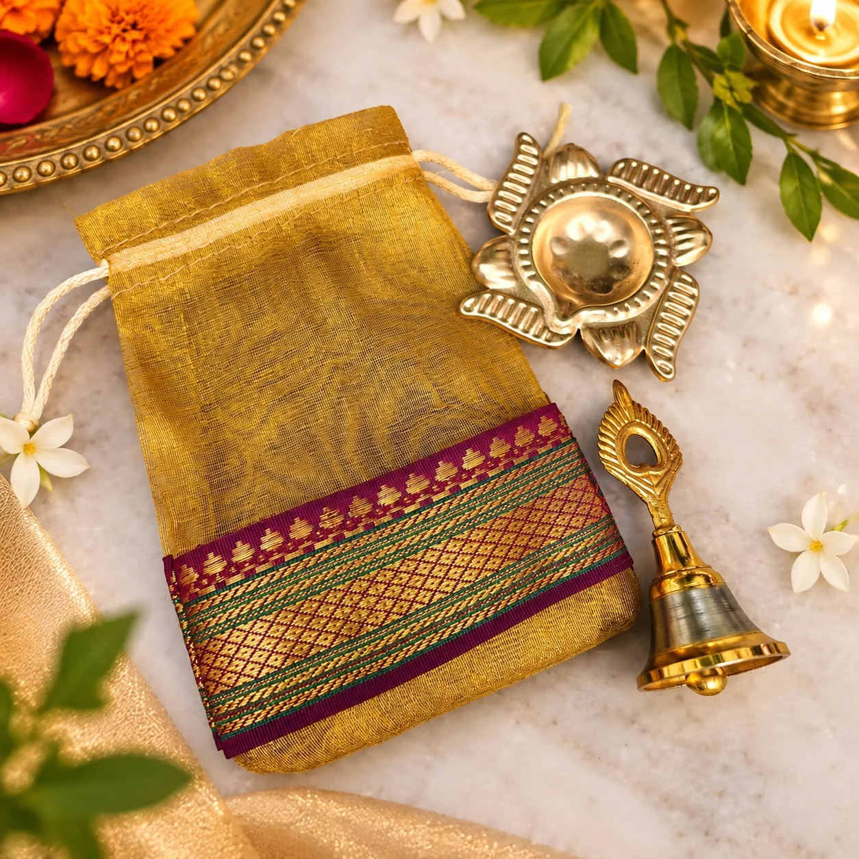 Designer Swastik Diya and Bell Potli Set for Diwali Pooja Gift and Festive Return Gift