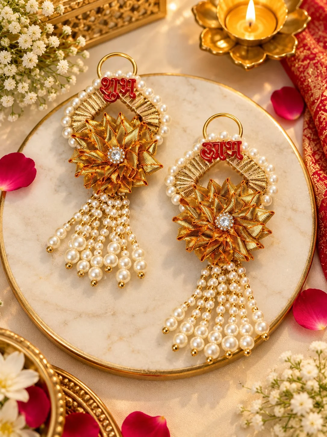 Golden Shubh Labh pearl wall hanging pair for Diwali and pooja room decoration