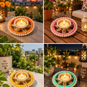 Designer pearl tea light candle holder for Diwali decoration, pooja and table decor