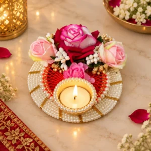 Elegant pearl floral tealight candle holder with rose flowers for Diwali wedding pooja and home decor