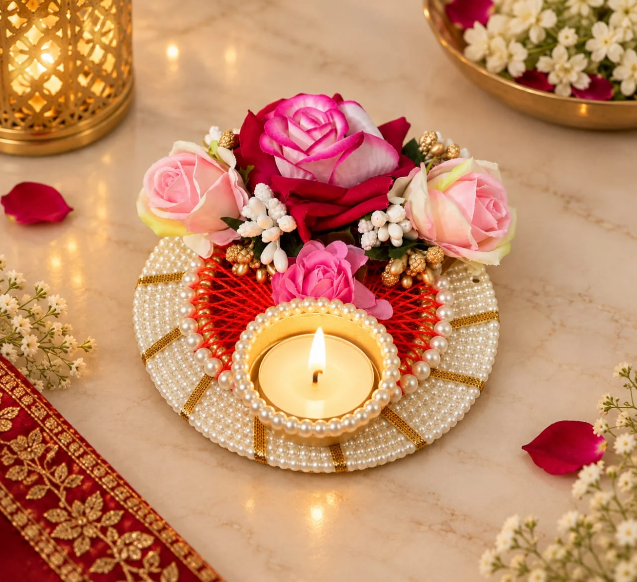 Elegant pearl floral tealight candle holder with rose flowers for Diwali wedding pooja and home decor