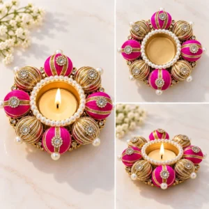 Handmade silk thread and gota beads tea light diya holder for Diwali decoration