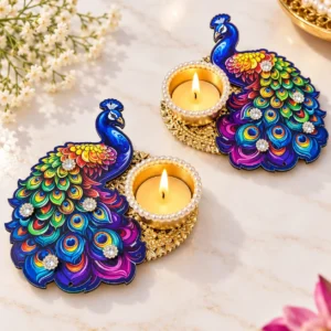 6 inch peacock pair tea light candle holder with pearl work for Diwali decor