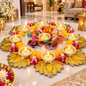 15 inch designer gossip rangoli with pearl diya and decorative doll work for Diwali pooja home decoration