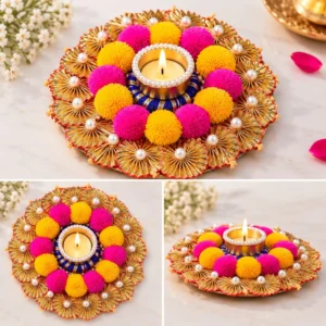 Handmade pearl work rangoli tealight candle holder for Diwali home decoration