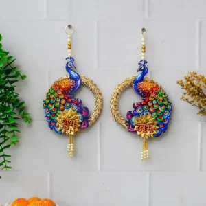 Shubh Labh Peacock Hanging Decoration Pair for Diwali and Pooja Room Decor