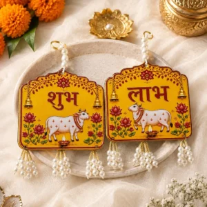 Shubh Labh cow hanging pair with pearl tassels for Diwali wall decoration