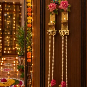 Shubh Labh tealight candle holder pair for Diwali home and door decoration