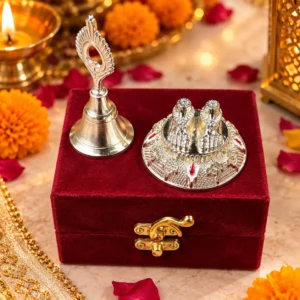 German Silver Laxmi Charan and Bell Pooja Set with Velvet Box for Diwali