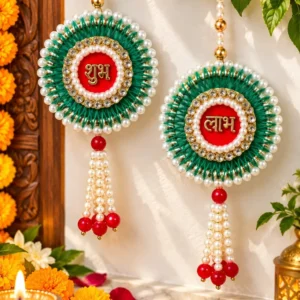 Decorative Shubh Labh hanging pair with pearl work for Diwali door decoration