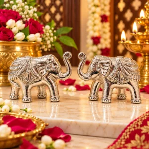 Decorative German Silver Elephant Pair designed to add a traditional and elegant touch to home, office, table, pooja and festive spaces. Ideal for Diwali decoration, Indian home decor, gifting, housewarming celebrations and special occasions.