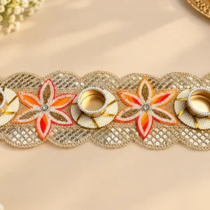 Orange Flower Tea Light Holder with Pearl Work for Diwali Decor